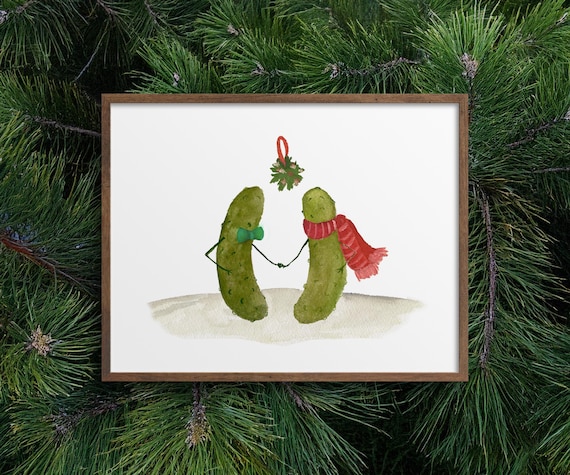 Whimsical Pickles Kissing Underneath The Mistletoe, Art Print