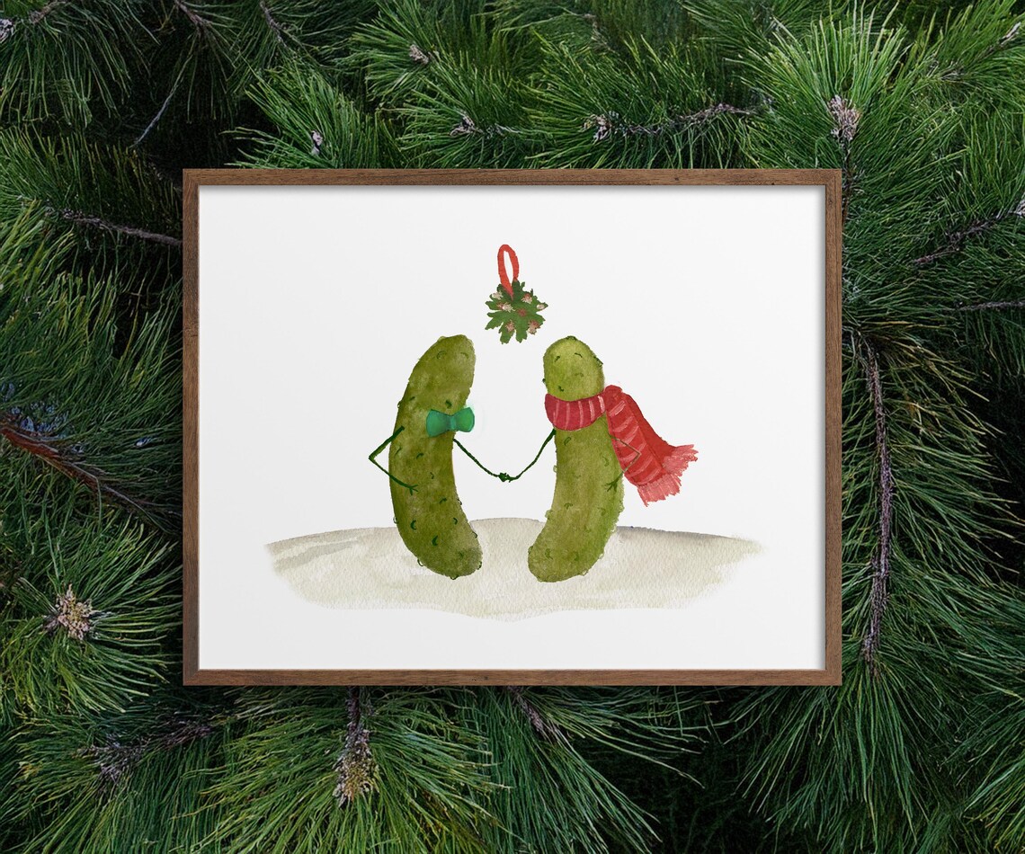 Whimsical Pickles Kissing Underneath The Mistletoe, Art Print
