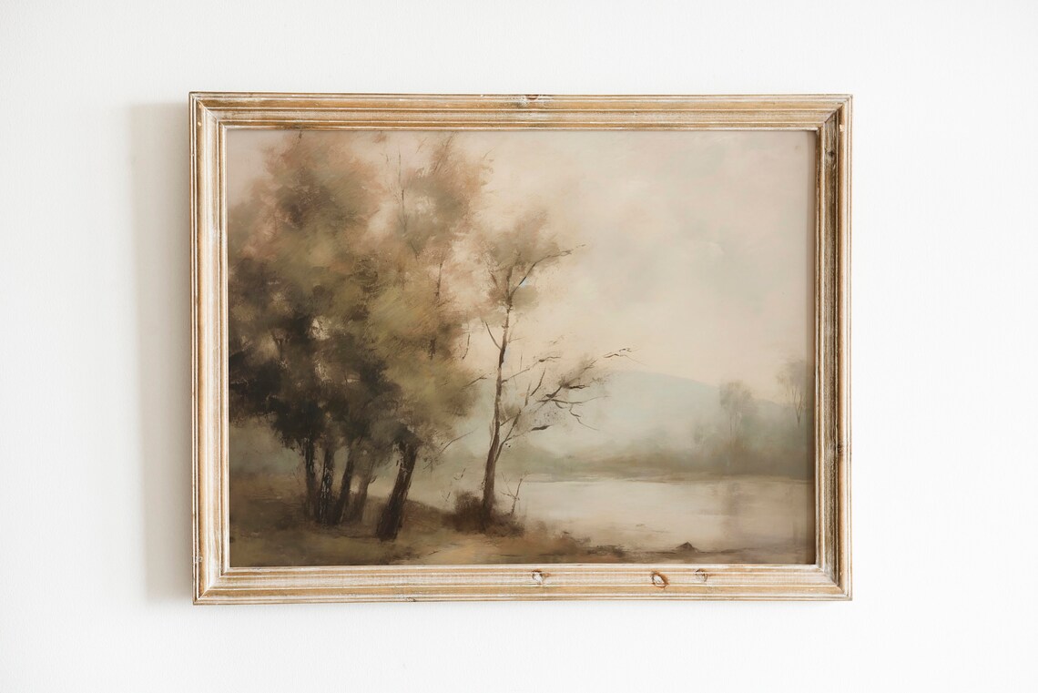 Muted Sage Riverside Trees Calm Water Vintage Oil Painting Poster - Image 3