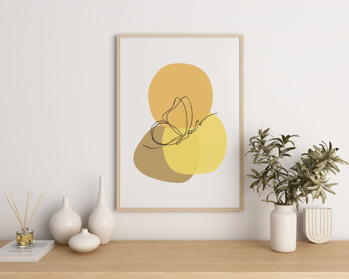 Minimalist Butterfly Line Art Over Mustard Yellow Shapes Boho Wall Art