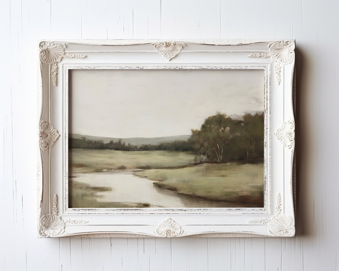Moody Sunrise Lake Misty Birch Trees Vintage Landscape Painting Poster - Image 2