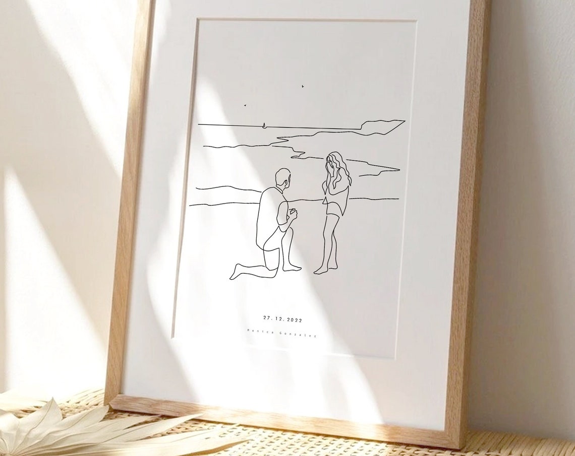 Beach Proposal Line Art Engagement Keepsake Poster Elegant Gift