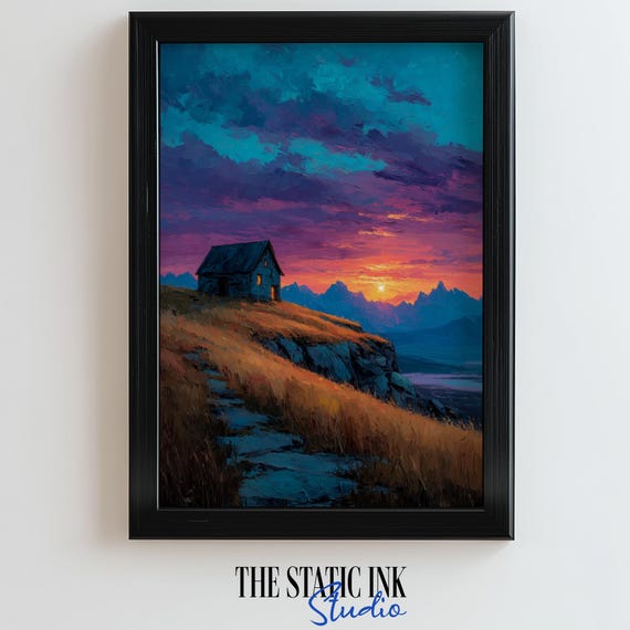 Mountain Cabin Sunset Wall Art Print Cozy Landscape Painting With Glowing Sky High Resolution 300 Dpi In Multiple Ratios