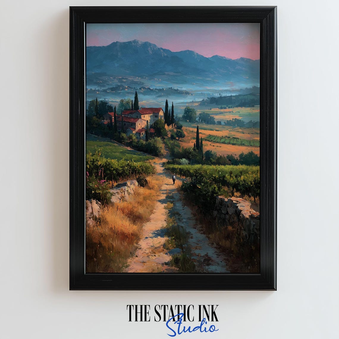 Tuscan Vineyard Sunset Path With Farmhouse And Cypress Trees Poster