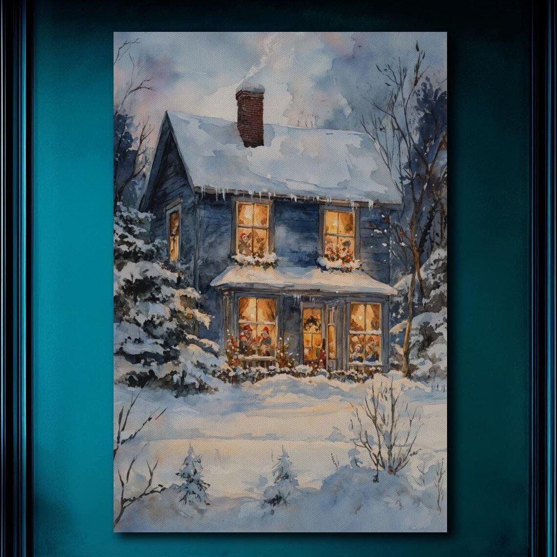 Snowy Christmas Cottage Glowing Windows Winter Night Scene Poster