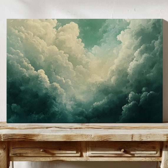 Majestic Cloudscape Wall Art In Shades Of Green And Cream For Modern Tranquil Or Nature Inspired Home And Office Decor
