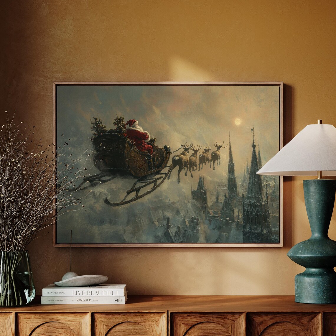 Rustic Farmhouse Santa Reading Art Print, Christmas Decor