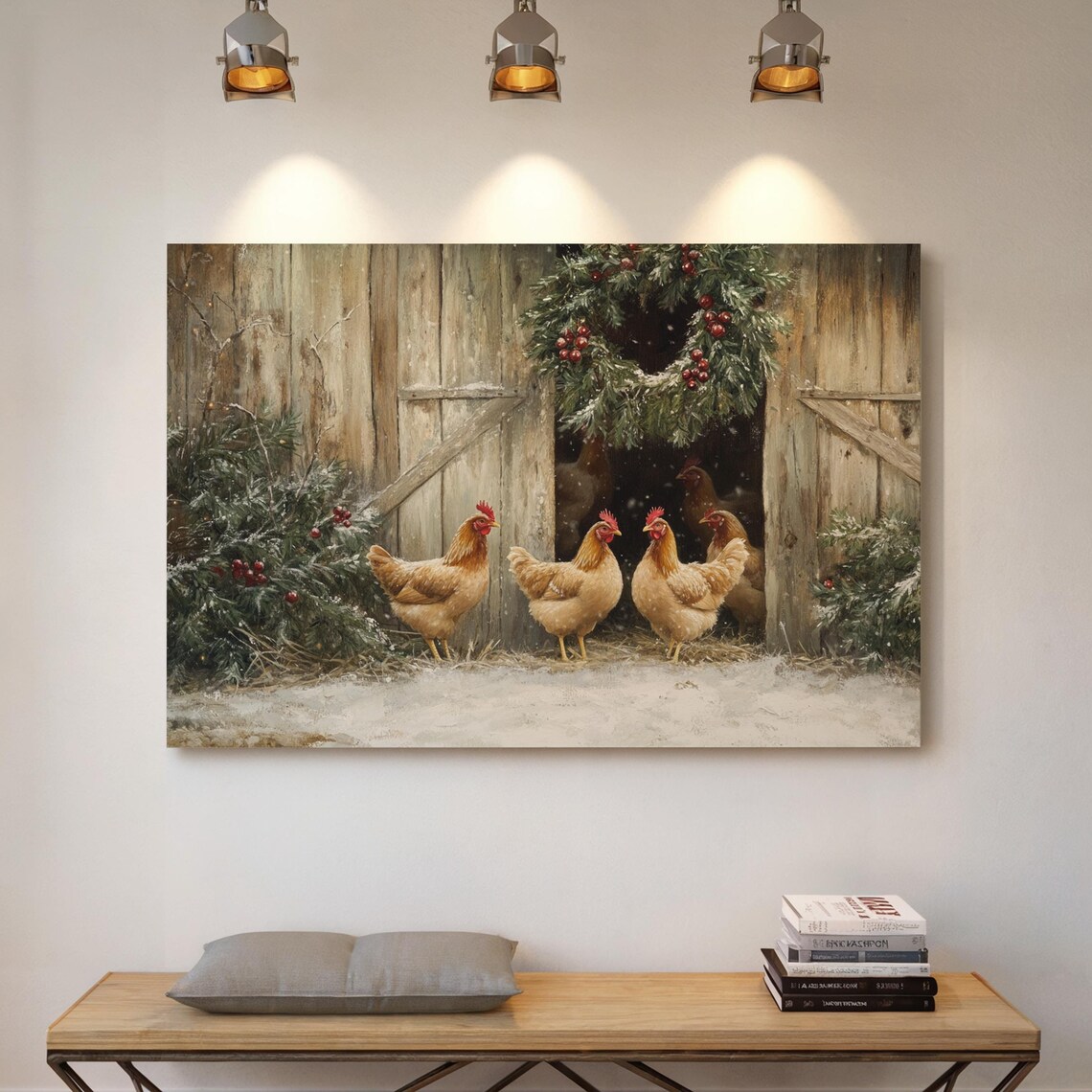 Christmas Chicken Barn Art Print, Rustic Farmhouse Holiday