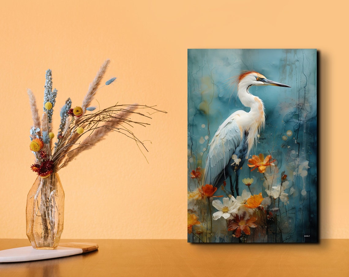 White Heron Among Orange Flowers Watercolor Bird Artwork Poster