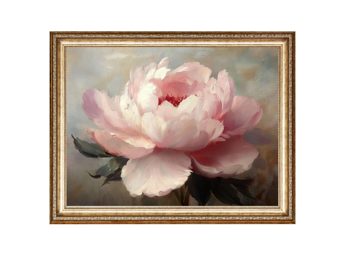 Pink Peony Oil Painting, Vintage Floral Art Print
