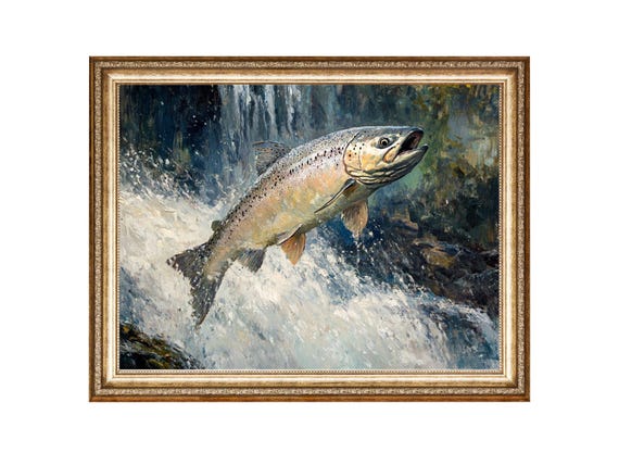 Salmon Art Fish Waterfall Scene Oil Painting Vintage Style Prints Cottage Core Gallery Wall Art Downloads