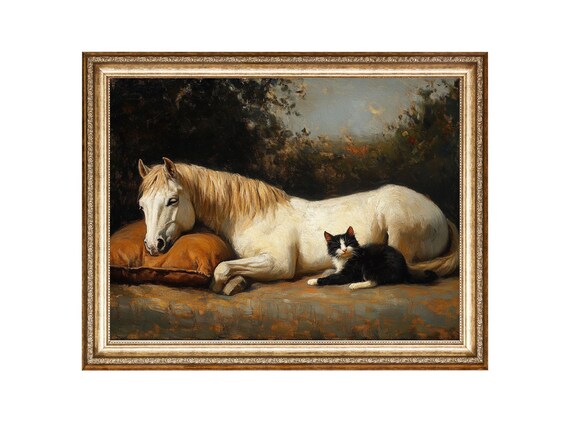 White Horse Resting with Black Cat Sweet Animal Friendship Poster