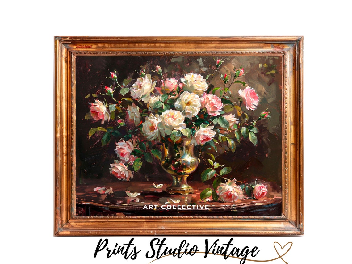 Roses Flowers Floral Prints Roses In Vase Flower Still Life Dark Moody Art Vintage Oil Painting Wall Art Print - Image 3