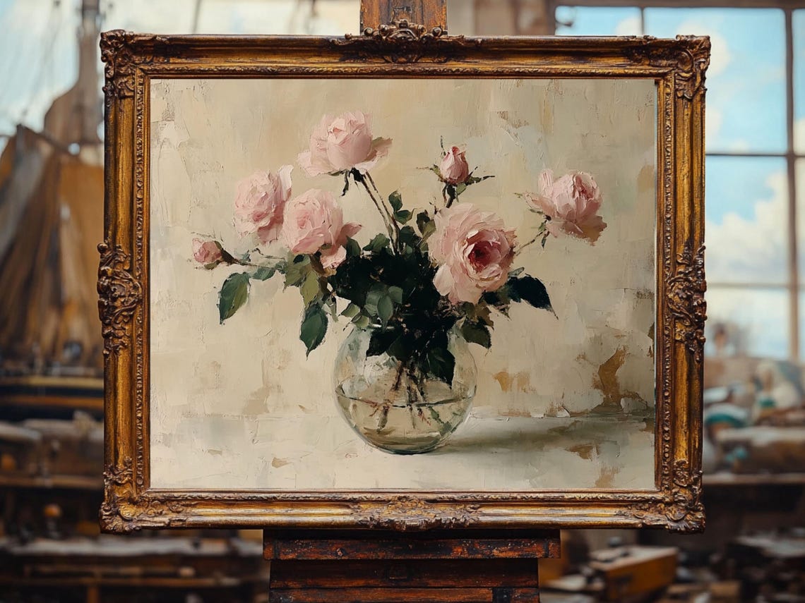 Floral Art Pink Roses Painting In Vase Floral Feminine Wall Art Oil Painting Best Gifts For Her Wall Art Prints - Image 2
