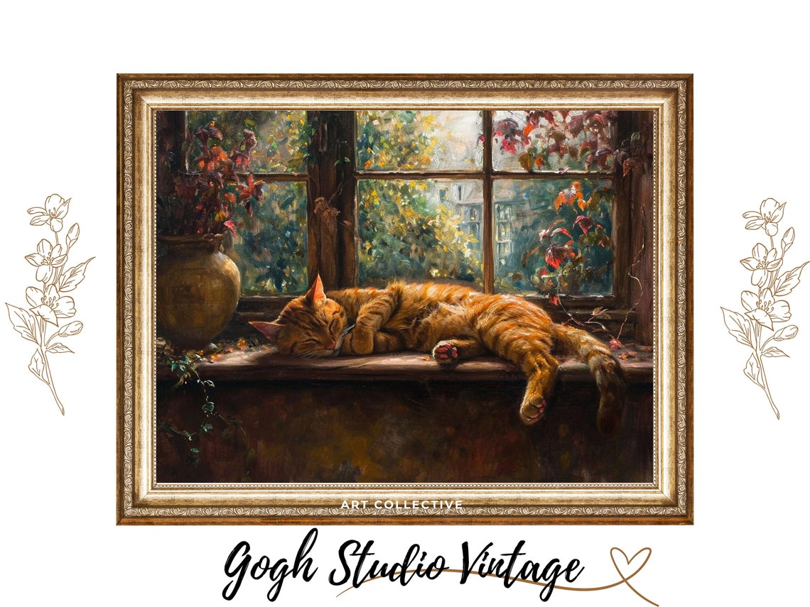 Funny Cat Sleeping, Vintage Cat Wall Art Print