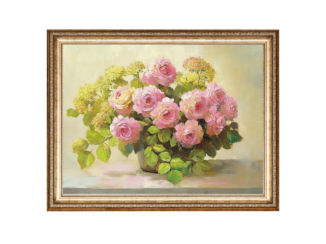 Pink Roses Floral Bouquet Vintage Oil Painting Wall Art Print Oil Painting Cottage Core Art Best Gifts Vintage Painting Prints