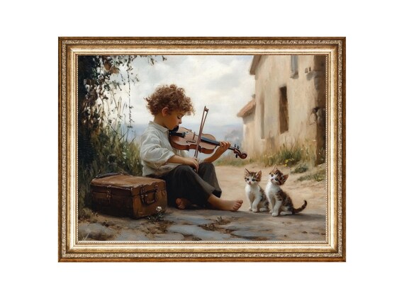 Boy Playing Violin for Two Kittens on a Village Street Poster