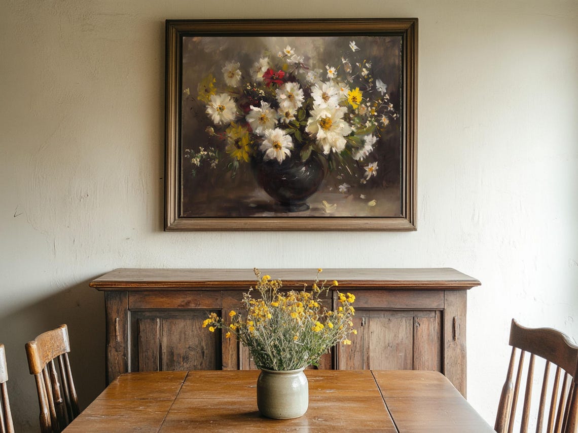 Vintage Floral Oil Painting With White Flowers In Dark Vase Oil Painting Cottage Core Art Vintage Painting Art Prints - Image 2
