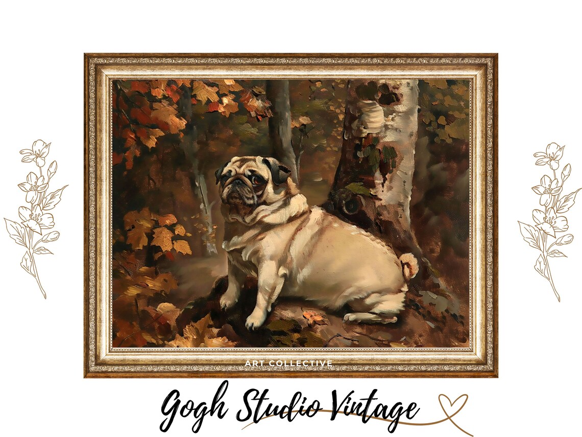 Pug in the Woods, Dog Portrait Oil Painting Art Print