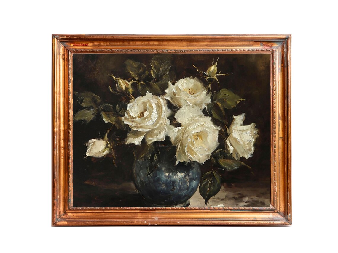 Dark Floral Roses Painting, Vintage Wall Art - Image 3
