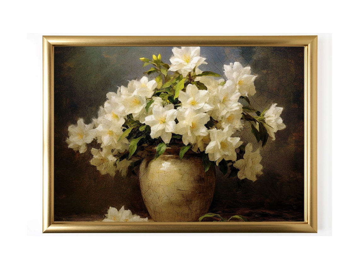 Floral Oil Painting White Azalea Flowers In A Vase Farmhouse Wall Art Oil Painting Vintage Prints Large Wall Art - Image 3