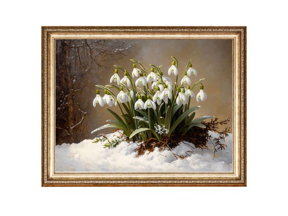 Snowdrops in a Snowy Forest, Vintage Mid-Century Art Print