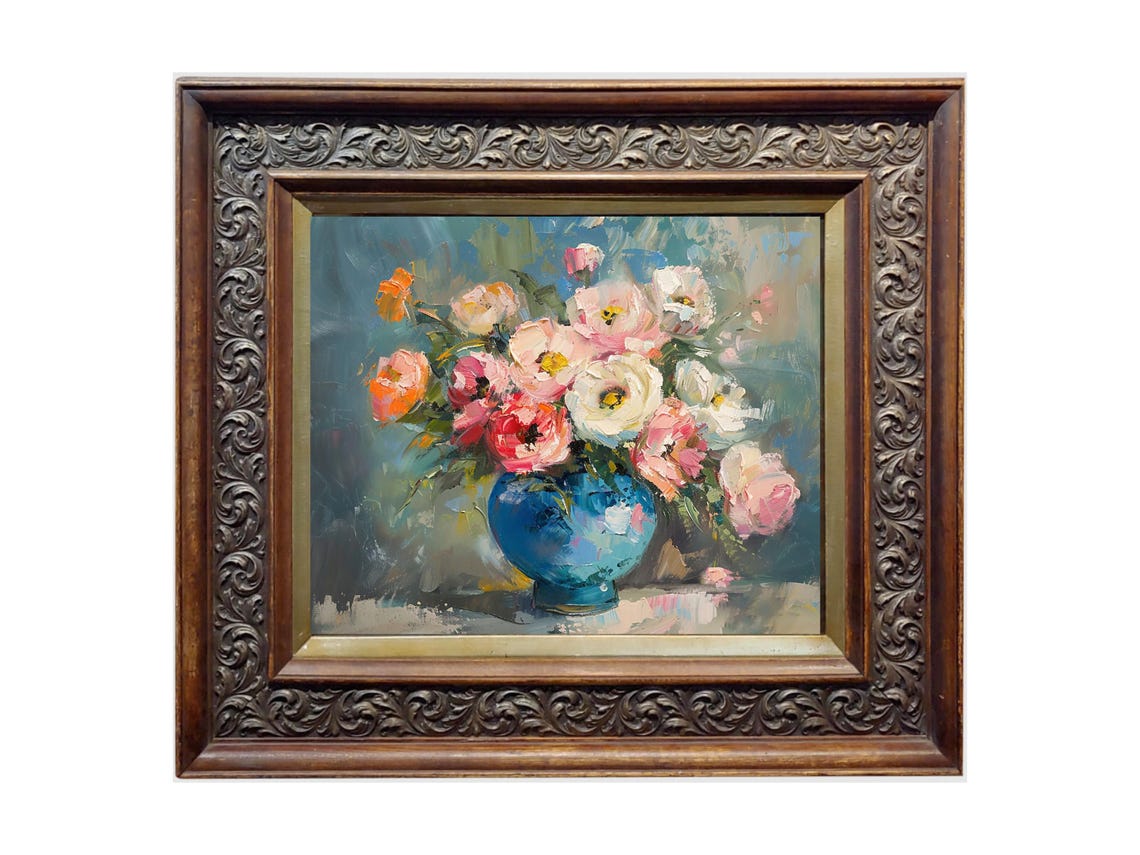Vintage Floral Bouquet in Blue Vase Art Print - Image 2