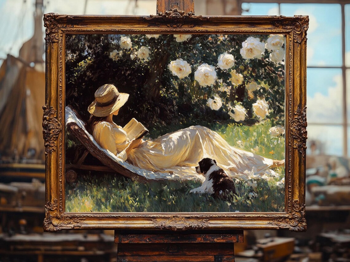 Woman Reading in Garden, Cottage Core Oil Painting Art Print - Image 2