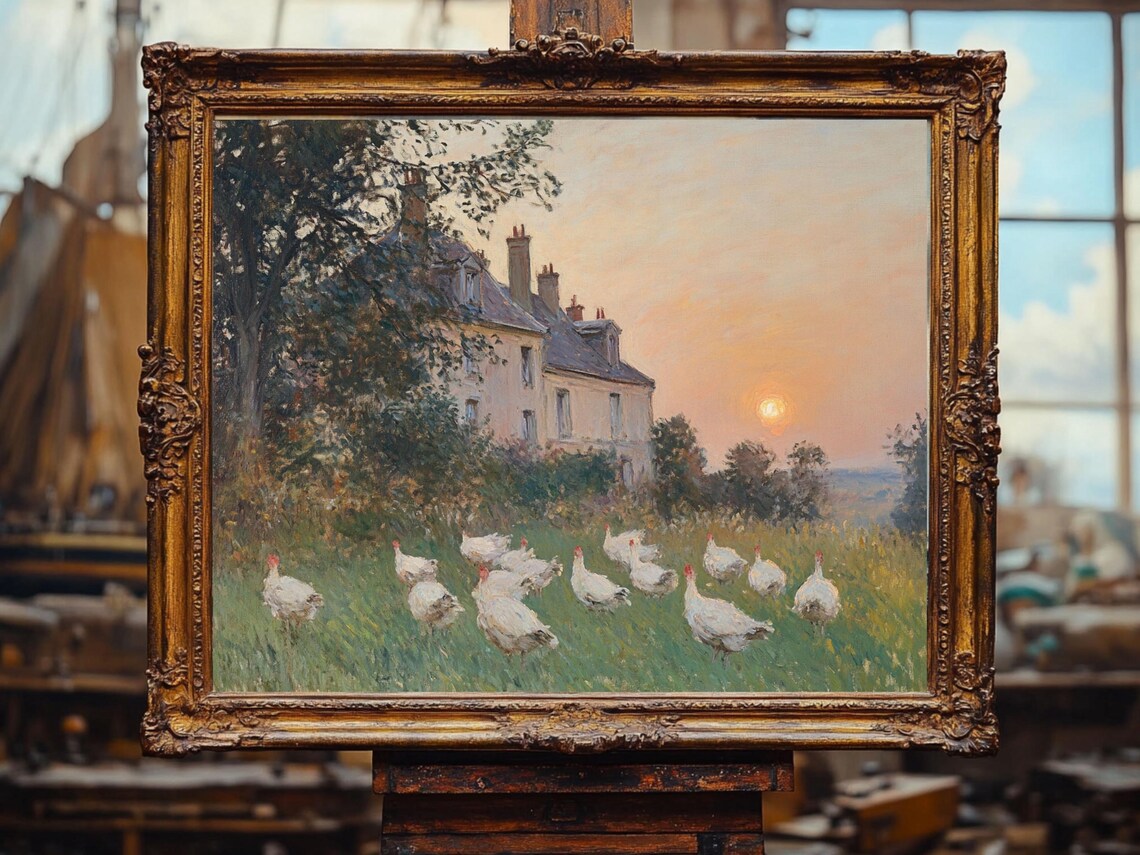 White Chickens at Sunset Before a Stone Farmhouse Vintage Oil Painting Poster - Image 3