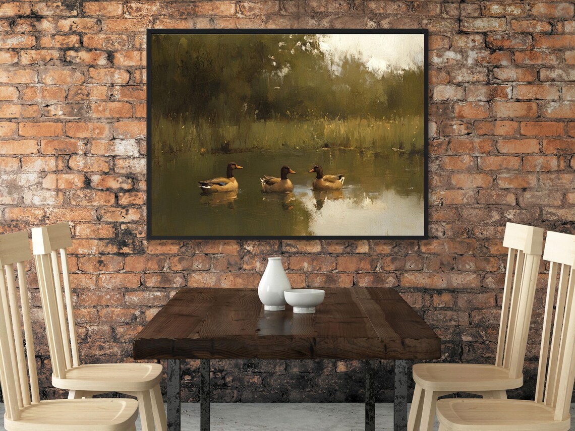 Ducks On Pond Painting, Cottage Core Vintage - Image 2