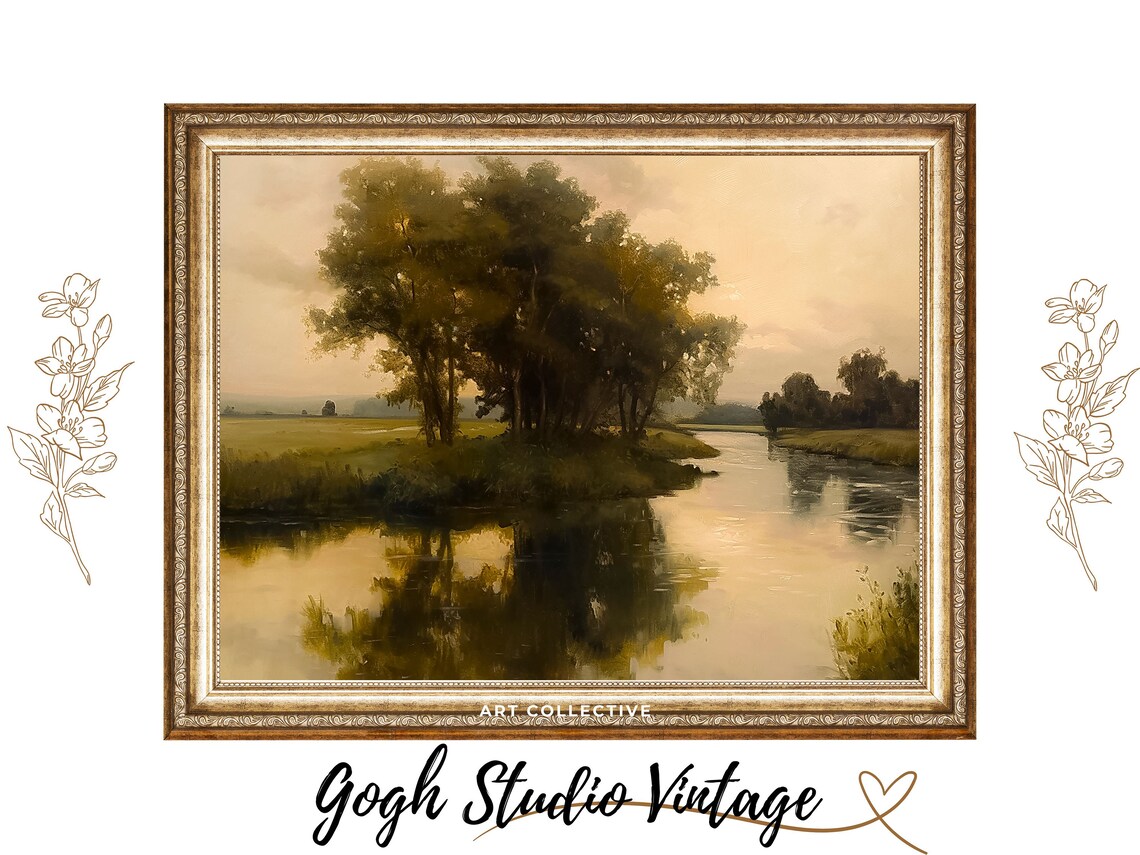 River Landscape Vintage Antique Oil Painting Art Print