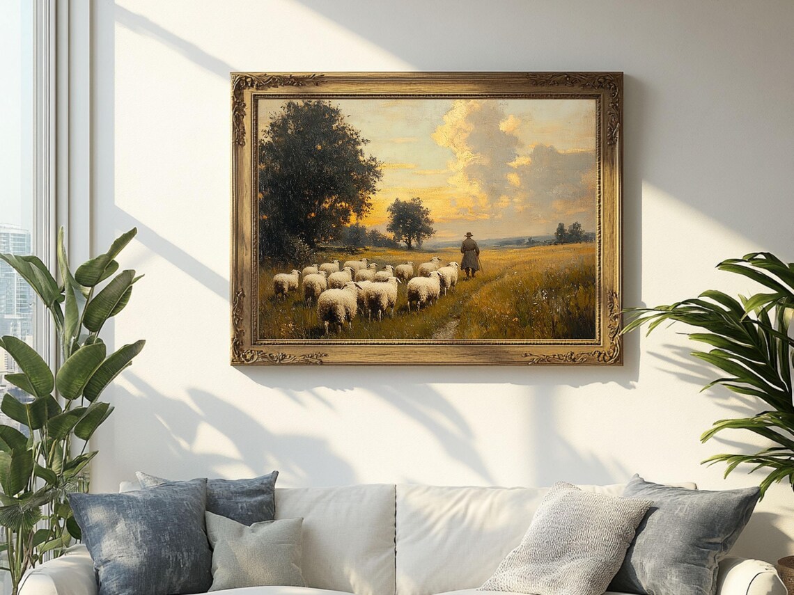 Shepherd With Sheep At Sunset, Vintage Oil Painting - Image 2