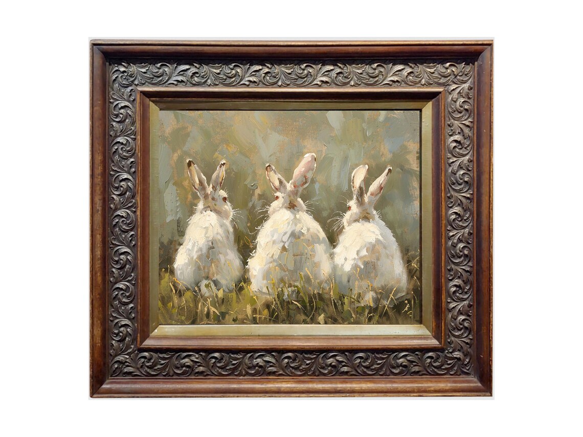 Three White Rabbits Seen From Behind In A Sunny Meadow Poster - Image 2