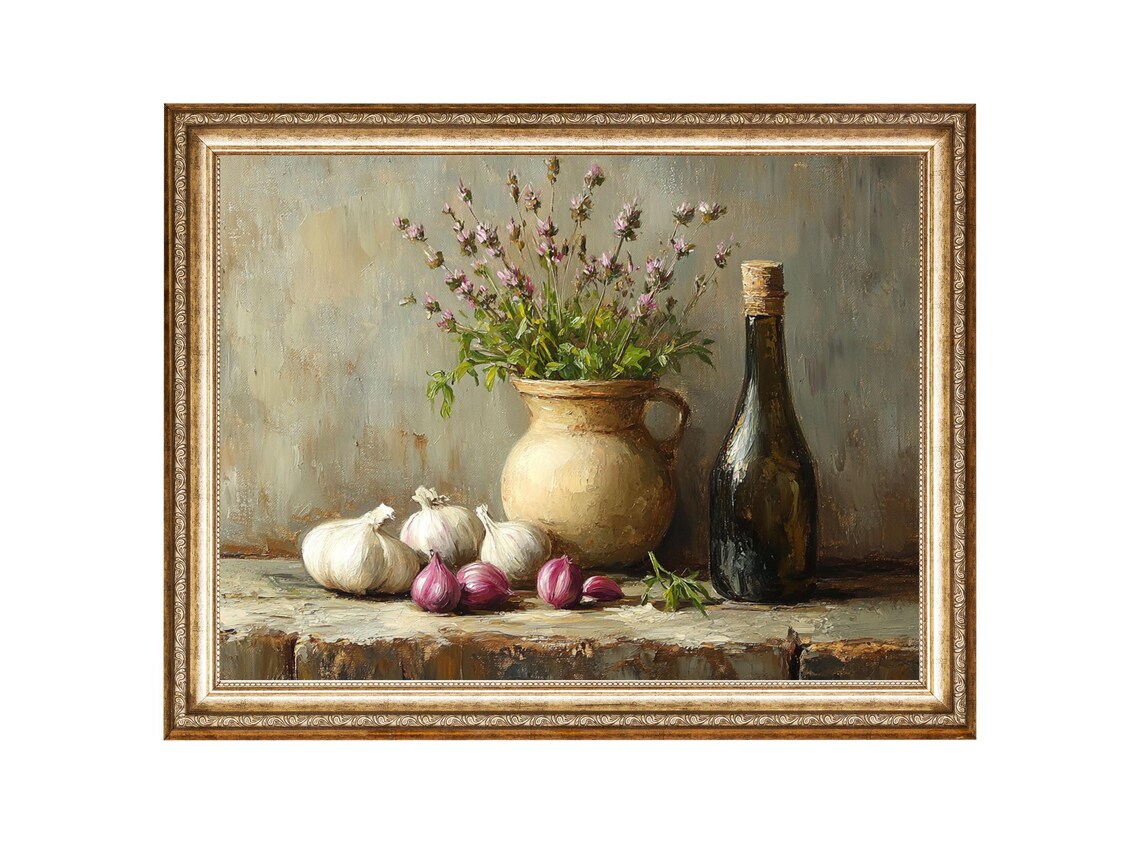 Garlic And Shallots With Herbs In A Clay Jug Rustic Kitchen Poster