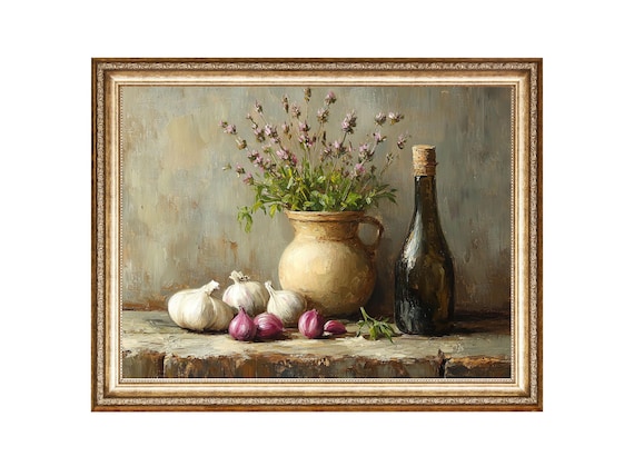 Garlic And Shallots With Herbs In A Clay Jug Rustic Kitchen Poster