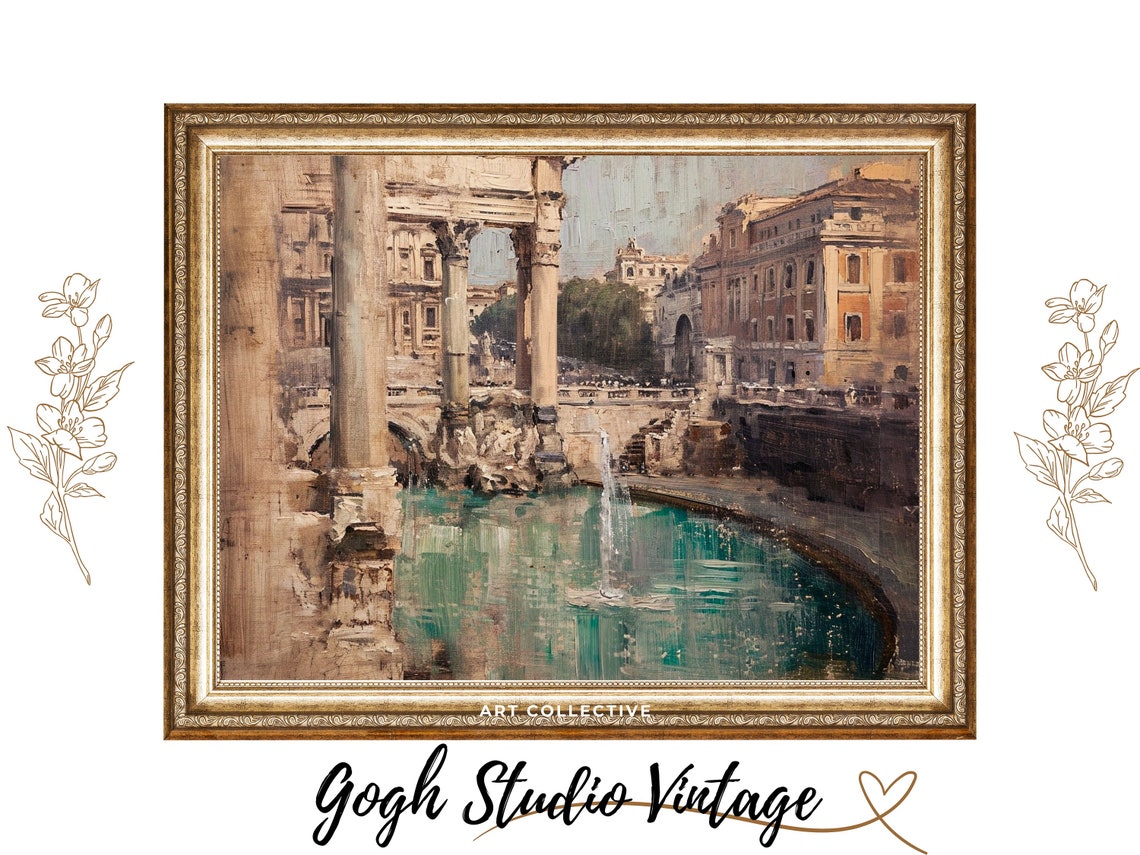 Trevi Fountain Art Rome Italy Italian City Art Giclee Print Vintage Art Antique Oil Painting Giclee Rustic Apartment And Home Decor