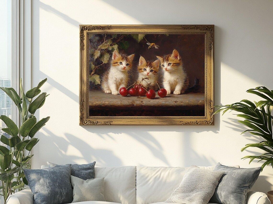 Three Kittens with Red Cherries Vintage Cute Cat Art Oil Poster - Image 2