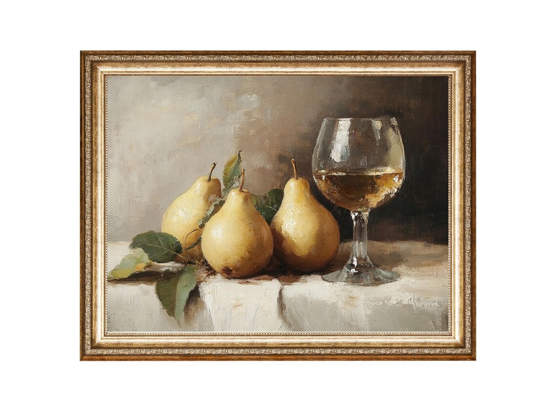 Pears and White Wine Glass on Table Rustic Kitchen Still Life Poster