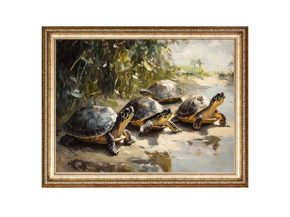 Four Turtles In Sunlight Nature Wildlife Art Vintage Oil Painting Cottagecore Wall Art Wall Art Prints