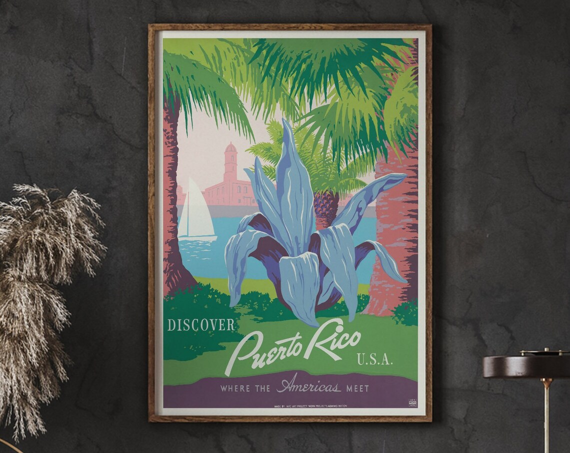 Discover Puerto Rico USA Vintage WPA Americas Meet Travel Poster