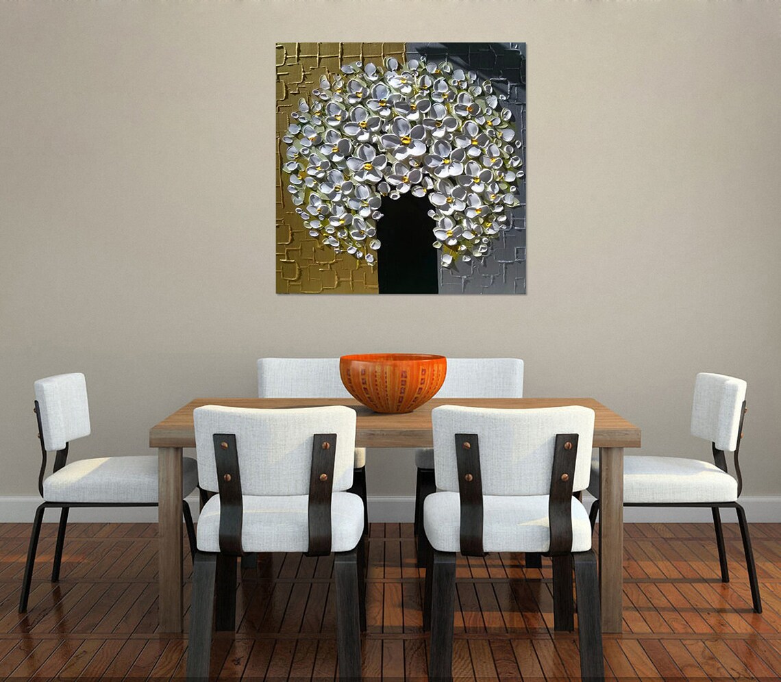 White Floral Bouquet In Black Vase Gold Grey Canvas Oil Poster - Image 3