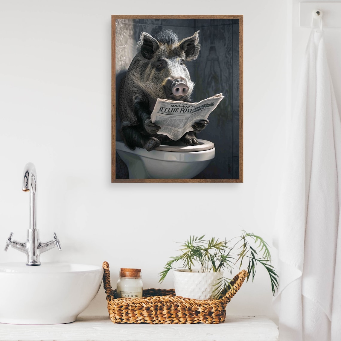 Wild Boar Reading Newspaper on Toilet Funny Colorful Bathroom Poster - Image 2