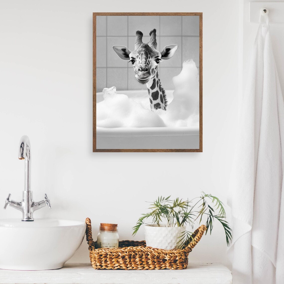 Baby Giraffe Enjoying a Bubble Bath Black and White Funny Animal Poster - Image 2