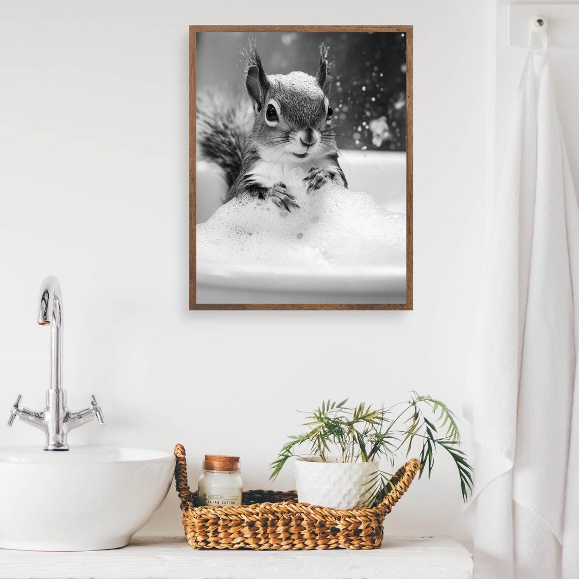 Squirrel Playing in a Bubble Bath Black and White Cute Animal Poster - Image 2