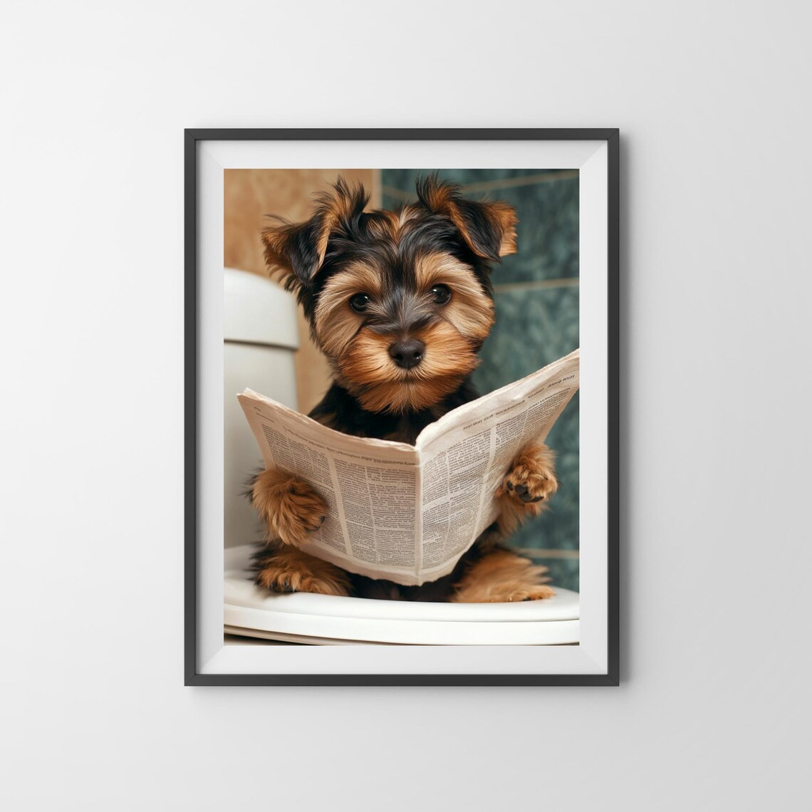 Yorkshire Terrier Puppy on the Toilet Reading Newspaper Poster - Image 3