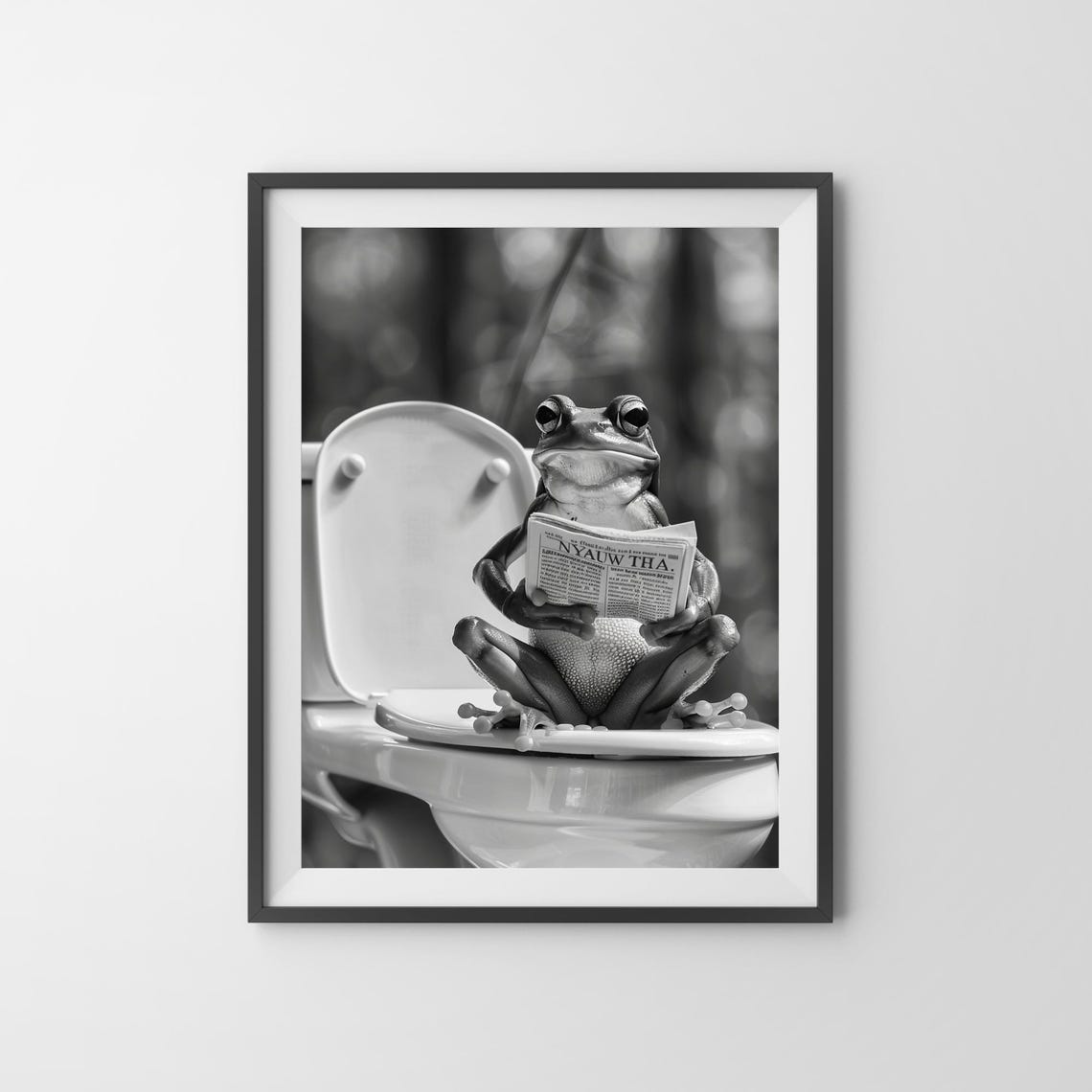 Frog Reading a Newspaper on the Toilet in Black and White Funny Poster - Image 3