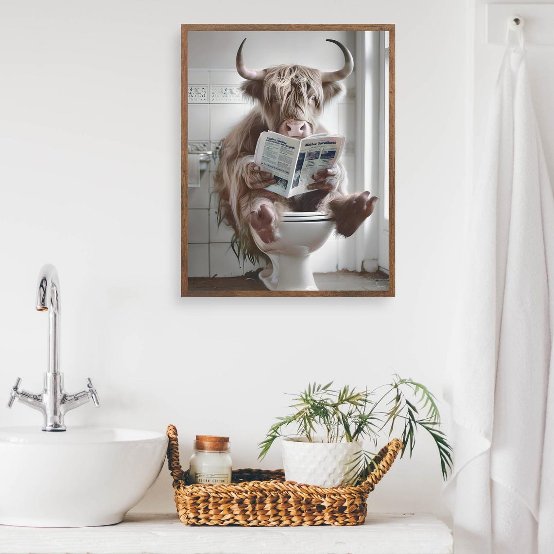 Highland Cow Reading a Newspaper While Sitting on the Toilet Poster - Image 2