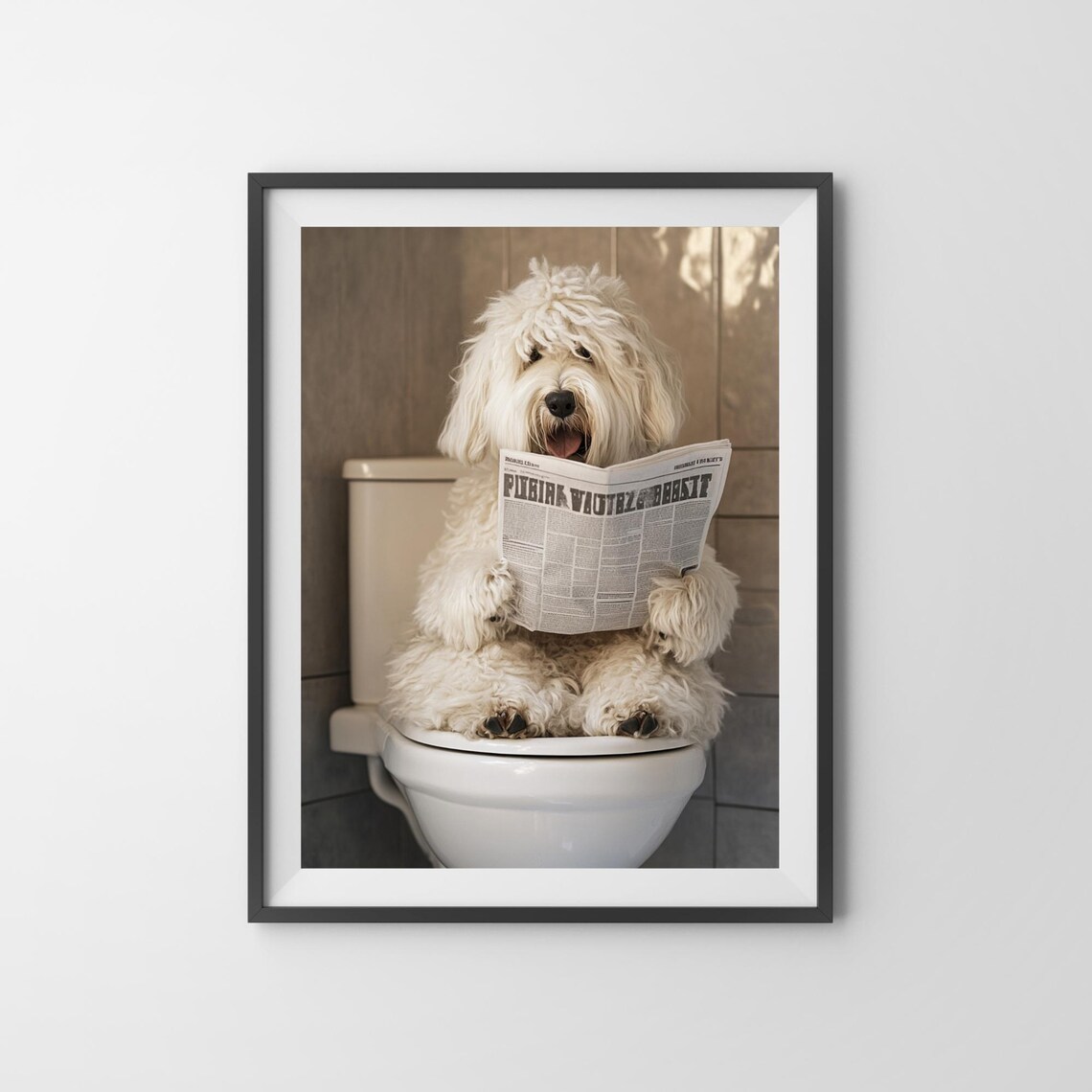 Old English Sheepdog on the Toilet Reading a Newspaper Poster - Image 3