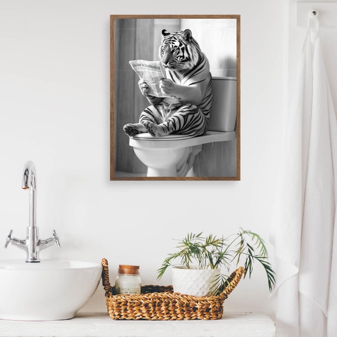 Tiger Reading Newspaper on Toilet Black and White Funny Poster - Image 2