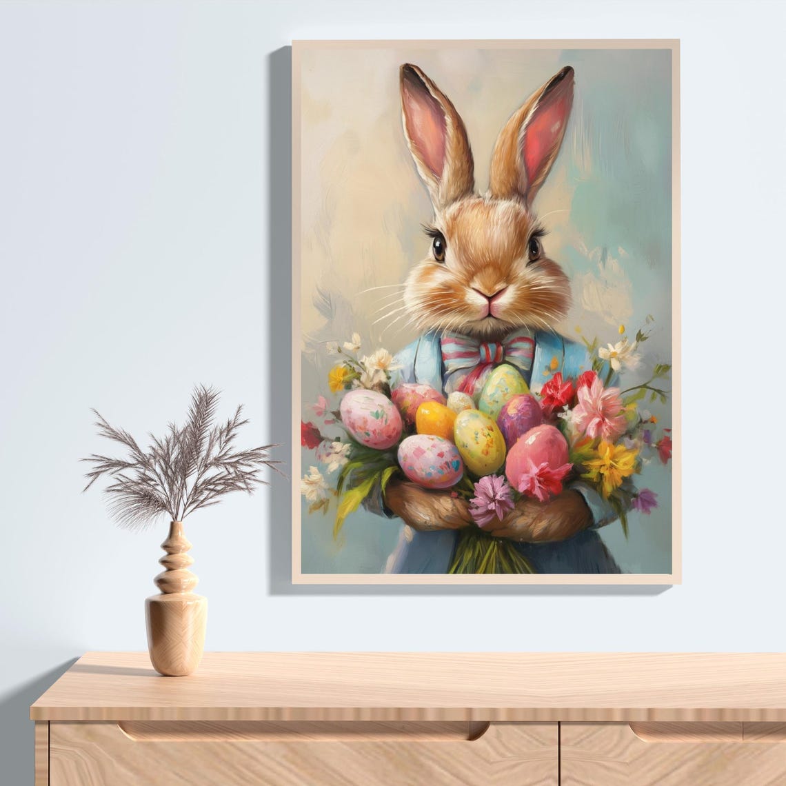 Easter Bunny in Blue Jacket Holding Egg Bouquet Spring Poster - Image 2